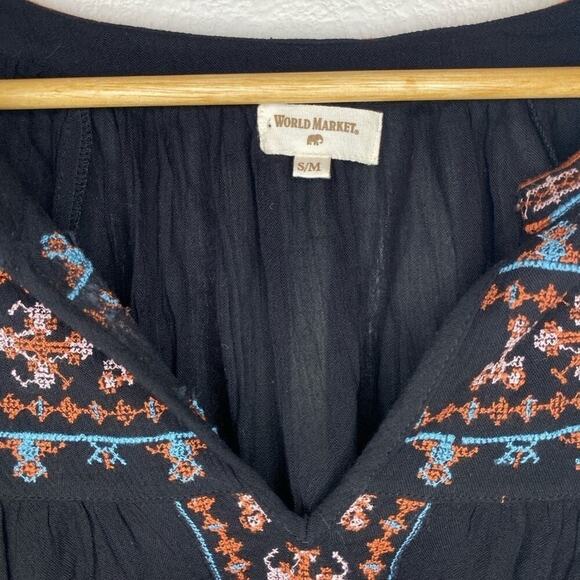 World Market Black V-Neck Embroidered Long Bishop Sleeve Loose Fit Top - Picture 2 of 4